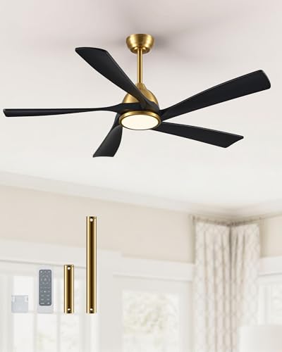 VONLUCE Ceiling Fans with Lights, 52 Inch Ceiling Fan and Remote, 6 Speed Reversible Noiseless DC Motor, Stepless Dimming, 5 Blades Wood Ceiling Fan for Outdoor Indoor Farmhouse Patios, Black Golden