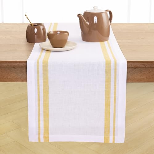 Solino Home 100% Linen Table Runner, 14 x 156 in, Yellow and White Striped