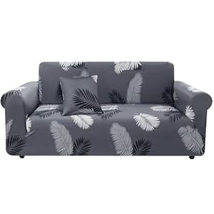 HEYOMART Sofa Cover High Stretch Elastic Fabric 1 2 3 4 Seater Sofa Slipcover Chair Loveseat Couch Cover Polyester Spandex Furniture Protector Cover with 1 Pillowcase (3 Seater, Black Feather)