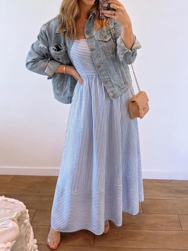 Image of Caracilia Womens Maxi Dresses Gingham Spaghetti Strap Back Smocked Flowy Long Sundress Summer Beach Vacation Clothes 2026