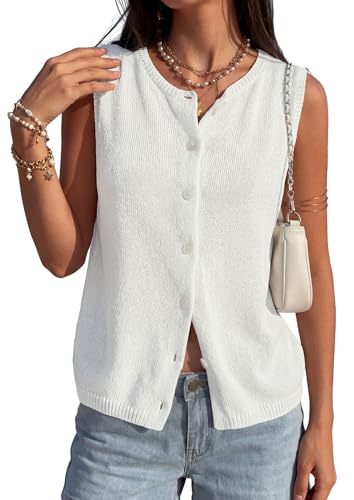 PRETTYGARDEN Sweater Vest Women 2026 Summer Sleeveless Cardigans Trendy Knit Vest Top Button Down Spring Business Casual Tops (White Large)