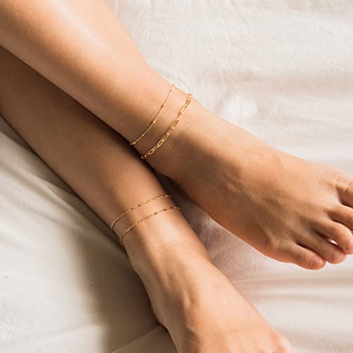 Dearmay Gold Anklets For Women Waterproof Ankle Bracelets For Women Dainty Simple 14K Gold Plated Paperclip Figaro Anklet Bracelets For Women Layered Cute Anklets Set Jewelry Gift For Women Teen Girls #TOP1