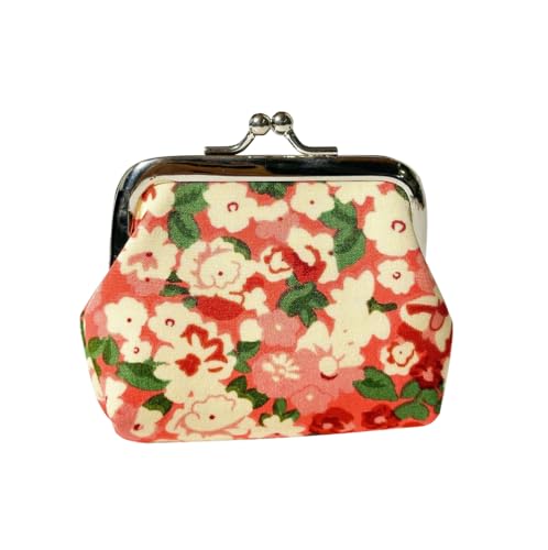 Flowers Pattern Coin Purse- Mini Clasp Pouch Key Bags Money Bag/Wallet, Flower Bag Gifts for Girls Kids Purses Wallets Party Favors(Red)