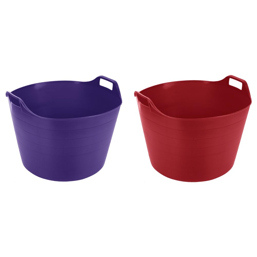 Flexi Tub - (Set of 2) 75L Purple & Red Robust Versatile Multipurpose Extra Large Flexible Plastic Storage Container Bucket Trugs Horse Feeder - MADE IN UK