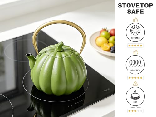 Image of VICSKY Pumpkin Cast Iron Teapot (40 oz /1200 ml), Natural Pumpkin Shape, Sturdy Iron Tea Kettle Stovetop Safe, Tea Kettle with Enamel Coated, 304 Stainless Steel Infuser (Light Green)