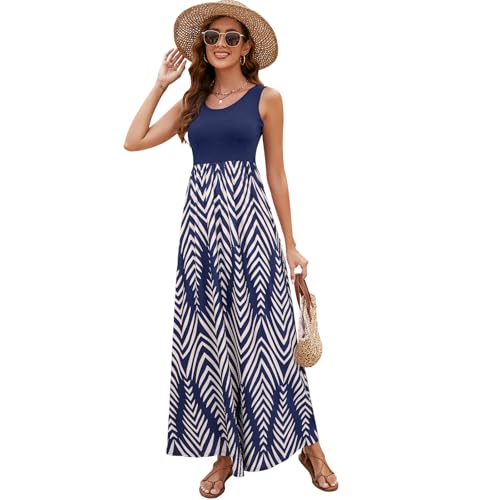 Image of Sherosa Women Boho Chevron Striped Floral Printed Summer Sleeveless Tank Long Maxi Party Dress