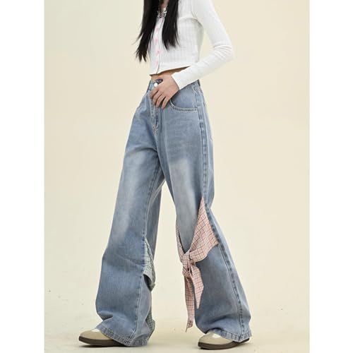 Fashion Straight High Waisted Wide Leg Jeans Casual Y2K Gradual Plaid Bow Tie Patchwork Denim Pants3