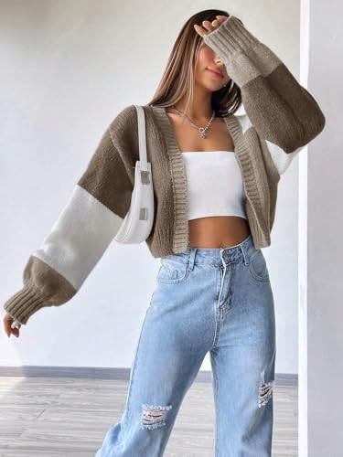 Image of SISKIN Fall Cropped Cardigan Sweaters for Women Lightweight,Color Block Oversized Cardigan Sweater