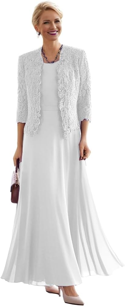 2 Pieces Mother of The Bride Dresses for Women Laces Mother of The Groom Dress 3/4 Sleeve Chiffon Formal Evening Dresses