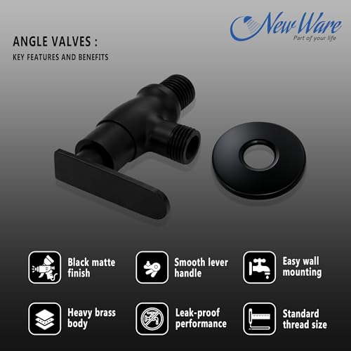 Image of New Ware Matte Black Brass Angle Valve Wall Mount Stop Cock with Flange for Bathroom Kitchen Wash Basin Health Faucet Tap Connector Rust Proof Heavy Duty Plumbing Fittings Premium Durable Design