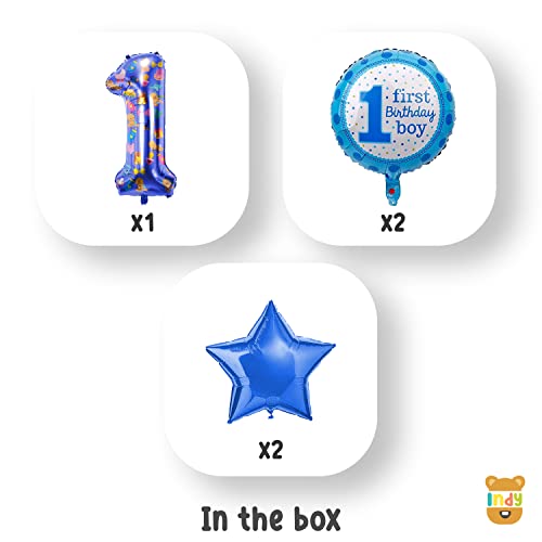 Image of ITAF Set of 5 Pcs Blue 1st Birthday Foil Balloons Decoration Kit For Baby Boy, Kids - 1 Number Blue Foil Balloon, 2 Foil Star Blue Balloons, 2 Round Foil Printed 1st First Birthday Boy Balloons