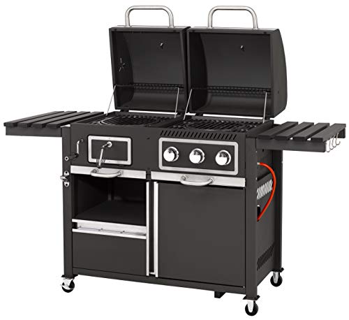 tepro Gas Kohle Kombigrill Toronto, Grillwagen mit Holzkohle- und Gasgrill-Modus, 3 Brenner mit je ca. 2,9 kW Leistung, Piezozündung, Thermometer, Maße ca. 173 x 65 x 116,5 cm, Schwarz