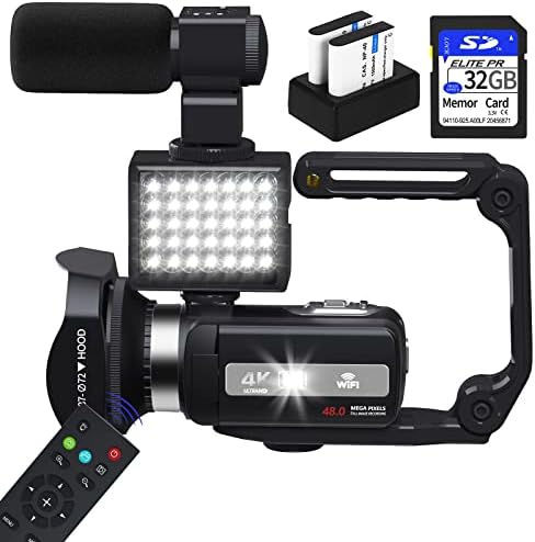 4K Video Camera, WIKICO Camcorder 48MP 18X Digital Zoom Manual Focus Vlogging Camera for YouTube, with WiFi External Microphone, Lens Hood, Stabilizer, Fill Light, 32GB SD Card and 2 Batteries