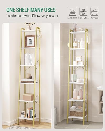 Image of Hzuaneri Ladder Shelf, Bookshelf Bookcase, Freestanding Corner Storage Shelve with 2 Hooks for Home Office, Living Room, Kitchen, Bedroom, Industrial, 6-Tier White Gold BC13313G