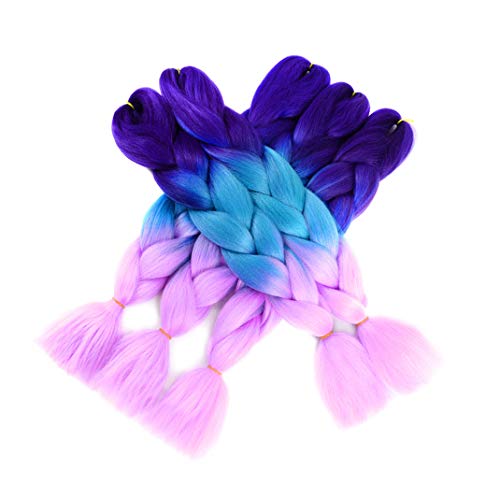 Art Show Jumbo Braiding Hair Crochet Braids 5Pcs Jumbo Box Braid Twsit Hair Ombre Braiding Hair Synthetic Crochet 24inch Hair Extensions(56# dark purple-light blue-light purple)