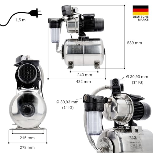 T.I.P. Hauswasserwerk HWW INOX 1300 Plus F – Edelstahl Druckkessel, 1200W, selbstansaugende...
