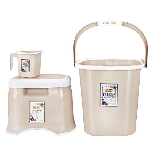 Image of RATAN PLASTICWARE Premia Bathroom Set (Bucket 18L X 1) + (Mug 1.5L X 1) + (Small Stool X 1) - Desert Rose|Light Weight and Easy to Carry|Perfect for Use in Bathrooms, Kitchen & Wet Utility Areas