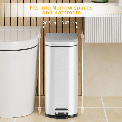 Image of KdbK Bathroom Trash Can with Soft Close Lid, 15L / 4 GallonRectangular Trash Can with Removable Wastebasket, Step Pedal, Slim Wastebasket for Bedroom, Home Office,Silver