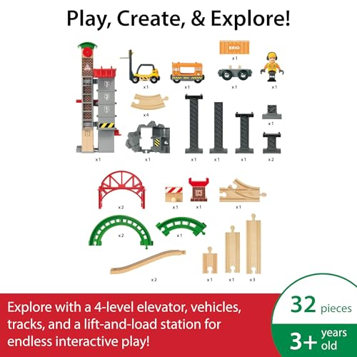 Image of BRIO World Lift & Load Warehouse Set - 32-Piece Wood Train Set - Works with All Wooden Railway Sets - Includes 4-Level Elevator, Vehicles, Tracks & Full Station - MESH Accredited for Ages 3+