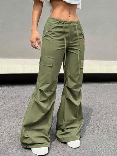 Women Army Green Y2K Flare Cargo Pants Drawstring Waist Straights Wide Leg Loose Trousers with Pockets3