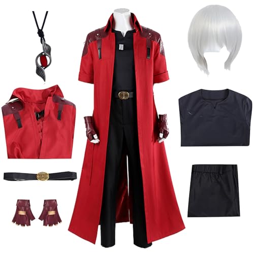 EOUCUYA Dante Cosplay Costume Set Men's Cosplay Red Trench Coat with Wig Halloween Cosplay Costume for Adult