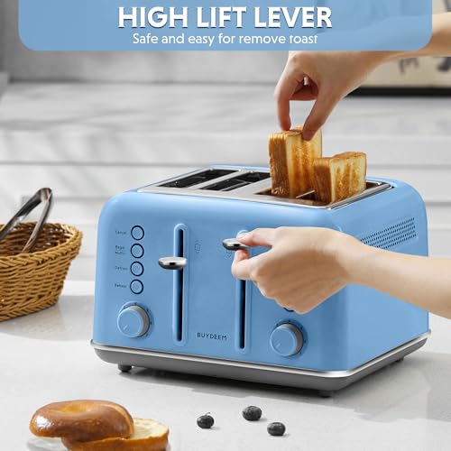 Image of BUYDEEM DT640 4-Slice Toaster, Extra Wide Slots, Retro Stainless Steel with High Lift Lever, Bagel and Muffin Function, Removal Crumb Tray, 7-Shade Settings,Blue