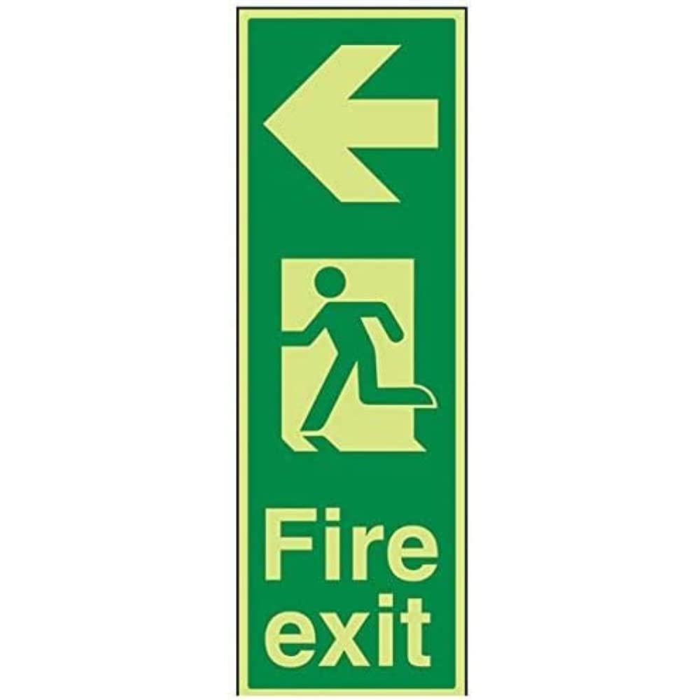V Safety Glow In The Dark Fire Exit Arrow Left Sign - 200mm x 600mm - Rigid Plastic