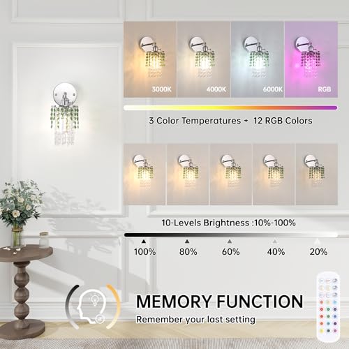 Image of Shenmoyl Set of 2 Crystal Battery Operated Wall Sconce,Rechargeable Wall Lamp with 5400mAh Battery & Remote Control, Modern Dimmable Wireless Wall Lights for Bedroom Bathroom (Green, Silver Base)