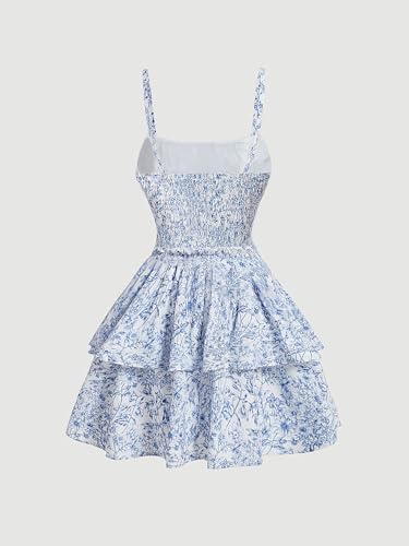 Women's Floral Print Knot Sleeveless Dress Ruched Tiered Layer Ruffle Hem Cami Dresses Boho Summer Mini Dress2