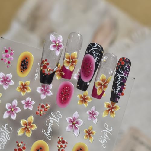 Image of Flower Nail Stickers Decals 5D Embossed Self Adhesive Fruit Nail Decals | Watercolor Floral Nail Art Decals Pink Yellow Nail Art Stickers for Women Holiday Manicure Decor Accessories Supply 1 Sheet