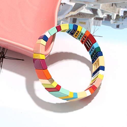 Colorful Enamel Tile Bracelet For Women Rainbow Color-Block Tile Beaded Strand Bracelet Colorful Enameled Stretch Bracelet Bohemian Tile Bangle Bracelet Set For Men (Rainbow Candy Style) #TOP6