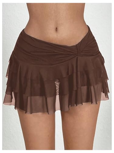 Women's Y2k Lace Mini Skirt Layered Ruffle Low Rise Flowy Short Skirt Ruched Cake Skirt4