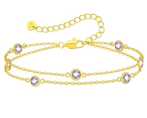 LOUISA SECRET Stainless Steel Double Layer June/Alexandrite Birthstone Bracelet for Women, Tarnish-Resistant Waterproof Adjustable 2-Layer Chain Bracelet