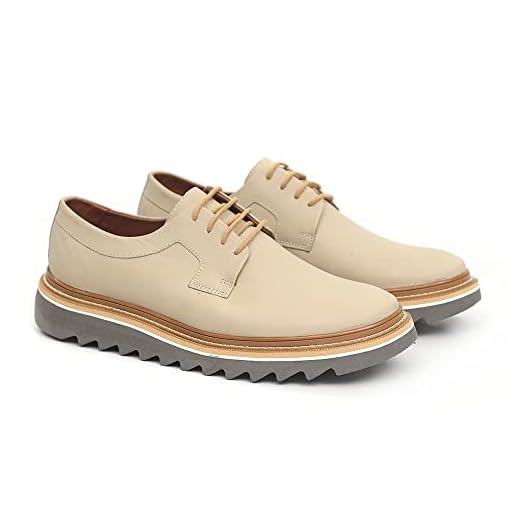 Sapato Oxford Masculino Derby Tratorado Couro Premium Liso cor:Bege;Tamanho:43
