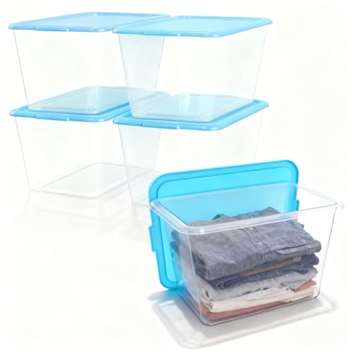 Image of SIMPLYKLEEN Storage Totes with Lids - Made in USA 14.5-Gallon (58-Quart) 4-Pack storage bins with lids plastic storage containers large storage boxes for Organizer Sky Blue /Clear