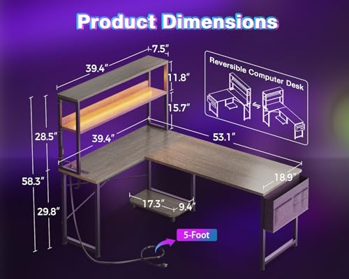 AODK L Shaped Desk Gaming Desk with LED Light & Power Outlet, 53 Inch Reversible L Shaped Computer Table with Shelf & Storage Bag & Hook for Home Office, Grey Oak