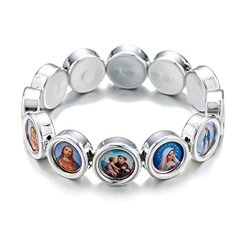 Treasure4U-Store Silver Tone Colored Images Of Catholic Saints Religious Bracelet Jesus Virgin Mary Stretch Bracelets For Women & Men thumb #1