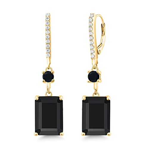 Gem Stone King 13.94 Cttw Black Onyx Dangle Earrings For Women | 18K Yellow Gold Plated Silver | Gemstone Birthstone | Emerald Cut 14X10MM