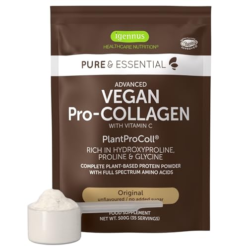 Kollagen Pulver vegan mit Vitamin C, pflanzliches Peptid Collagen mit 21 Aminosäuren und 80% Eiweiß Protein, ohne Zusätze, 500g, von Igennus