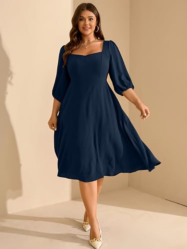 Image of RWJ Plus Size Dress for Women Fall 3 /4 Sleeve Sweetheart Neck Aline Casual Wedding Guest Formal Midi Dresses with Pockets