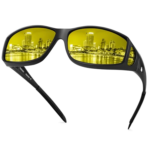 Night Driving Glasses for Men & Women - Polarized Anti Glare Fit Overs with Wrap-Around HD Yellow Lens