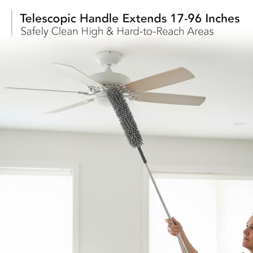 Image of OVENTE Microfiber Duster Cleaning Set with Stainless Steel Extension Pole Up to 96 inch, Washable, Reusable and Bendable Dusters for High Ceiling Fans, Blinds, Furniture, Cobweb and Cars, Grey CTD1526GY