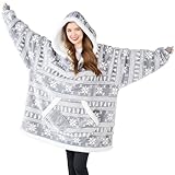 Giggling Getup Wearable Blanket Hoodie for Adults Gifts for Teen Girls Sister Women Sherpa Fleece Printed Hooded Blanket Sweatshirt Warm Cozy with Pocket & Sleeves Grey Snowflake