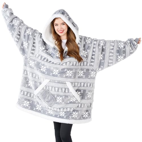 Image of Giggling Getup Wearable Blanket Hoodie for Women Men - Oversized Flannel Sherpa Fleece Sweatshirt Blanket - with Giant Pocket & Sleeves - Cozy Warm Blanket Birthday Gifts for Adults Grey Snowflake