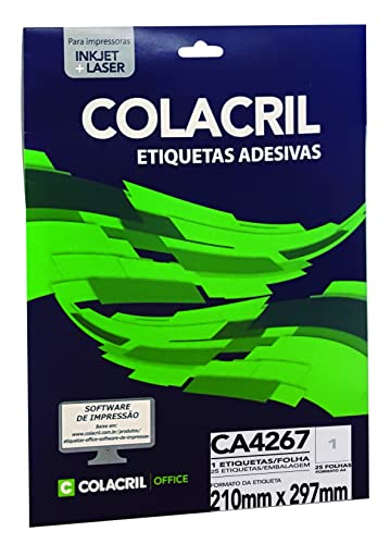 ColaCril Etiqueta Adesiva Ink-Jet/Laser A4, CA4267, Branco, 210 x 297 mm, envelope com 25 fls-25 eti