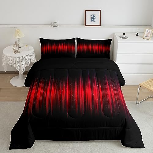 Image of Feelyou Red and Black Comforter Twin, Abstract Ombre Comforter Set Stripes Bedding Set Kids Toddler Red and Black Striped Duvet Set Durable Quilt Set