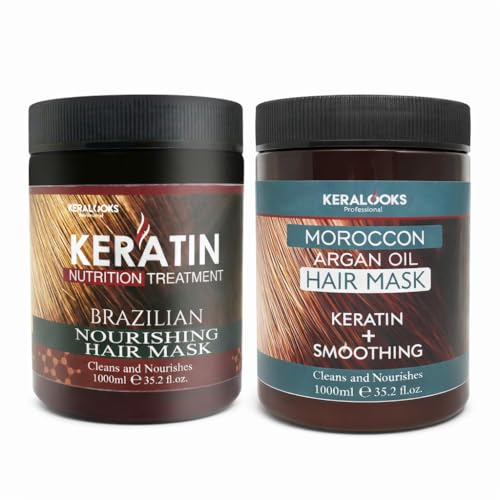 Image of Brazilian Keratin Nourishing Hair Mask & Moroccan Argan Oil Hair Mask Combo 1000ml Each | Deep Conditioning, Hydrating & Strengthening Hair Treatment | For Dry, Damaged & Frizzy Hair | Pack of 2