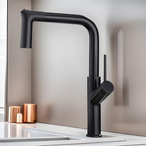 Mitigeur de cuisine avec douchette extractible noir en laiton à 2 modes de jet d'eau