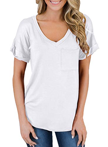 Miholl Women's Short Sleeve V-Neck Shirts Loose Casual Tee T-Shirt (White, Large) #TOP2