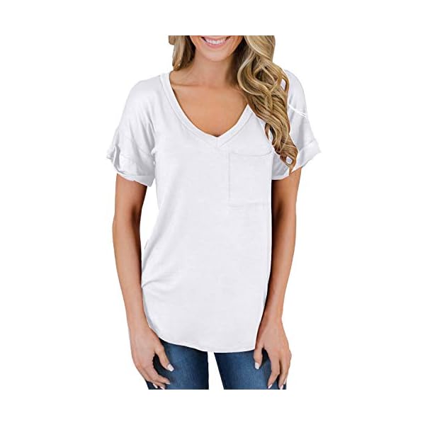 MIHOLL-Womens-Short-Sleeve-V-Neck-Shirts-Loose-Casual-Tee-T-Shirt MIHOLL Womens Shirts Casual Tee Shirts V Neck Short Sleeve Loose Fits Tops Blouses (White, Medium)